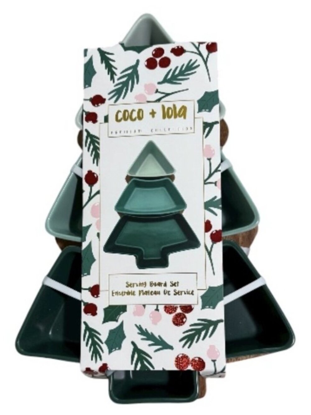 Coco & Lola Christmas Tree Tiered Bowls Wood Serving Charcuterie Tray Set Green